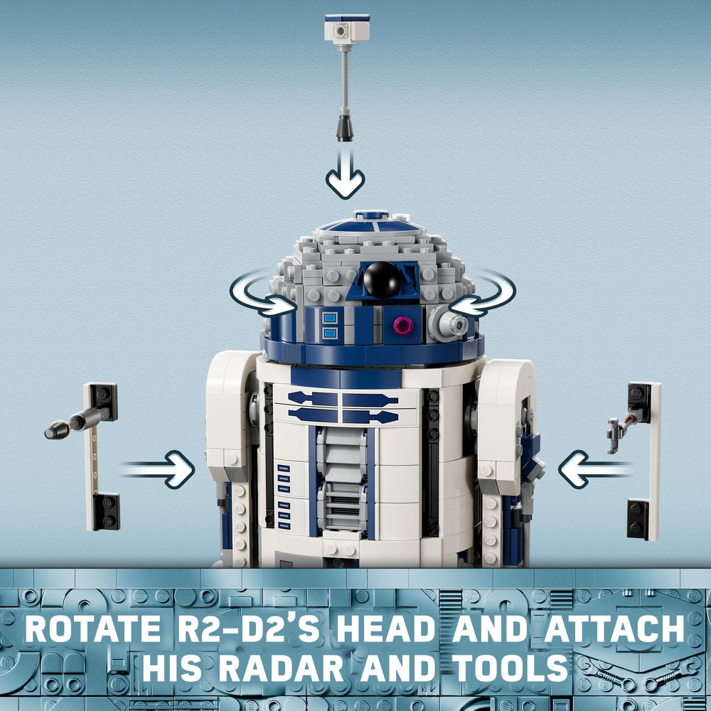 LEGO R2-D2 detachable third leg enables varied display poses.