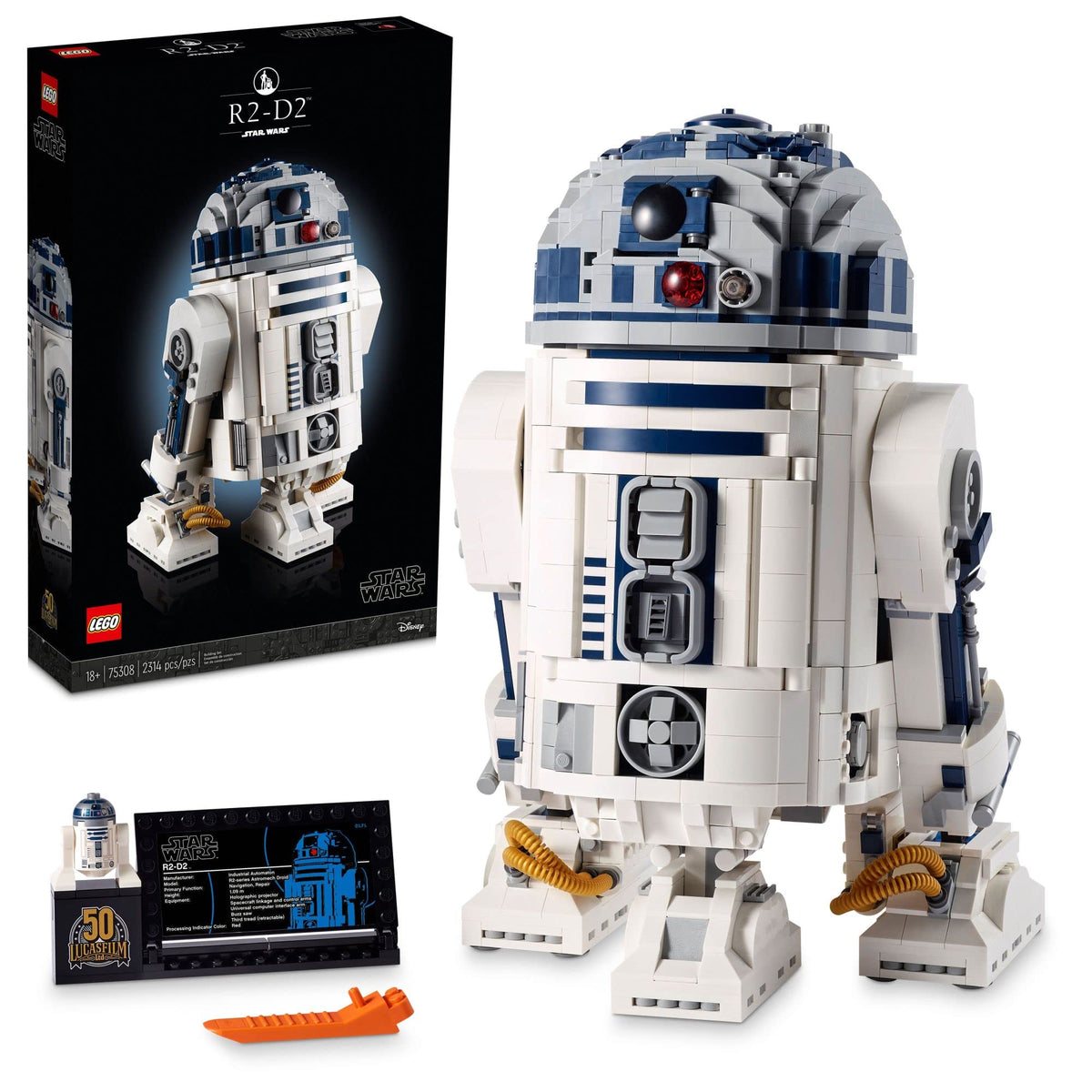 LEGO Star Wars R2-D2 75308 display stand highlights the collectible centerpiece at home or office.