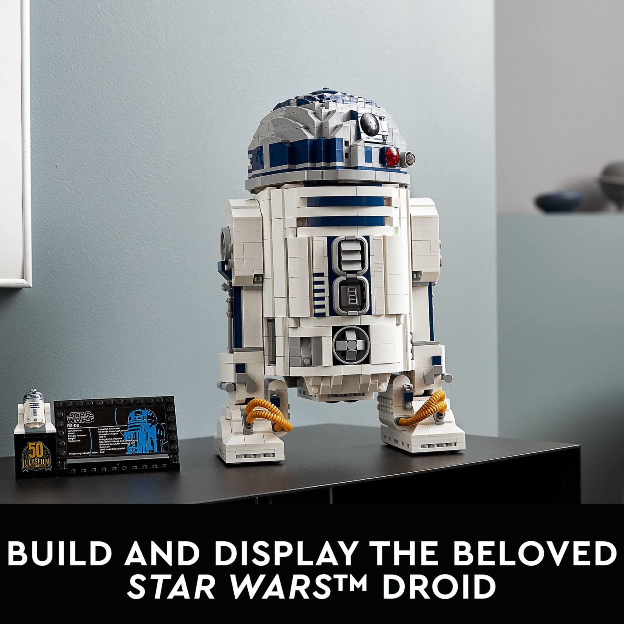 LEGO Star Wars R2-D2 75308 rotating head offers dynamic display angles for fans.