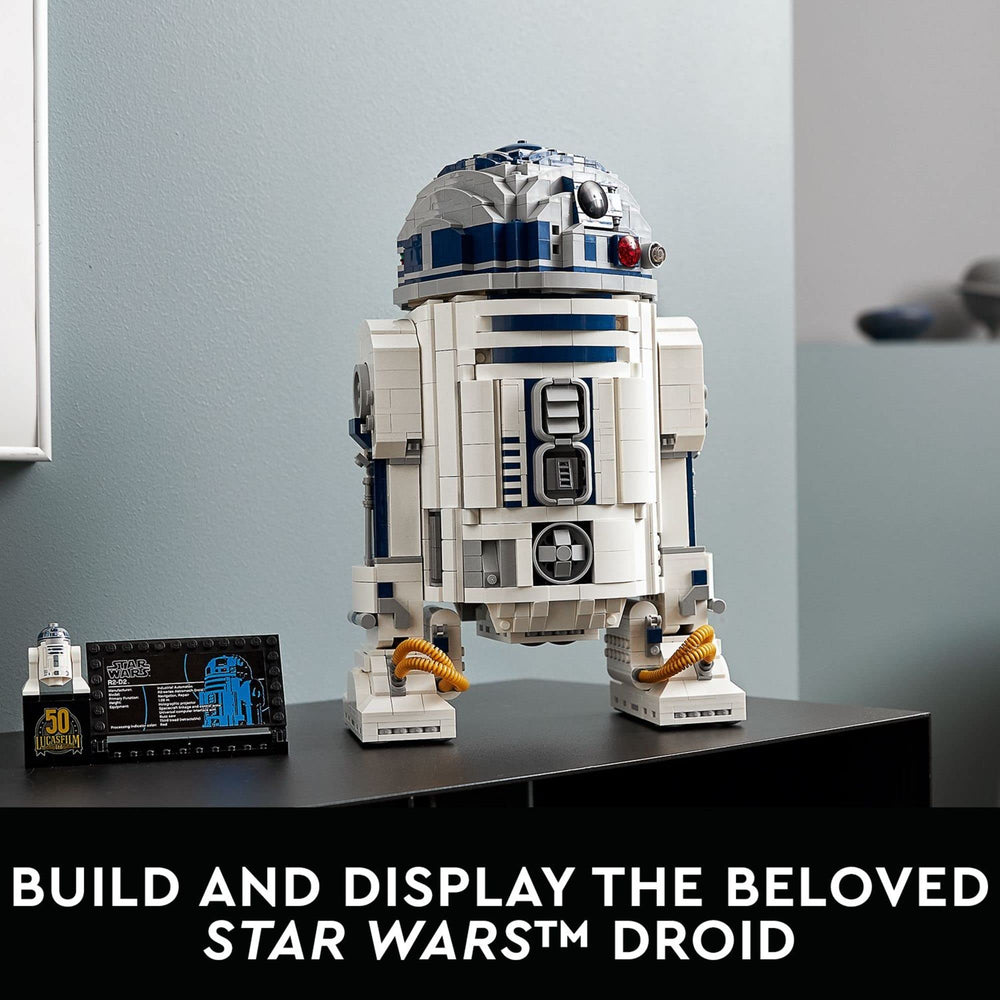 LEGO Star Wars R2-D2 75308 rotating head offers dynamic display angles for fans.