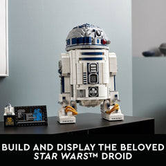 LEGO Star Wars R2-D2 75308 rotating head offers dynamic display angles for fans.