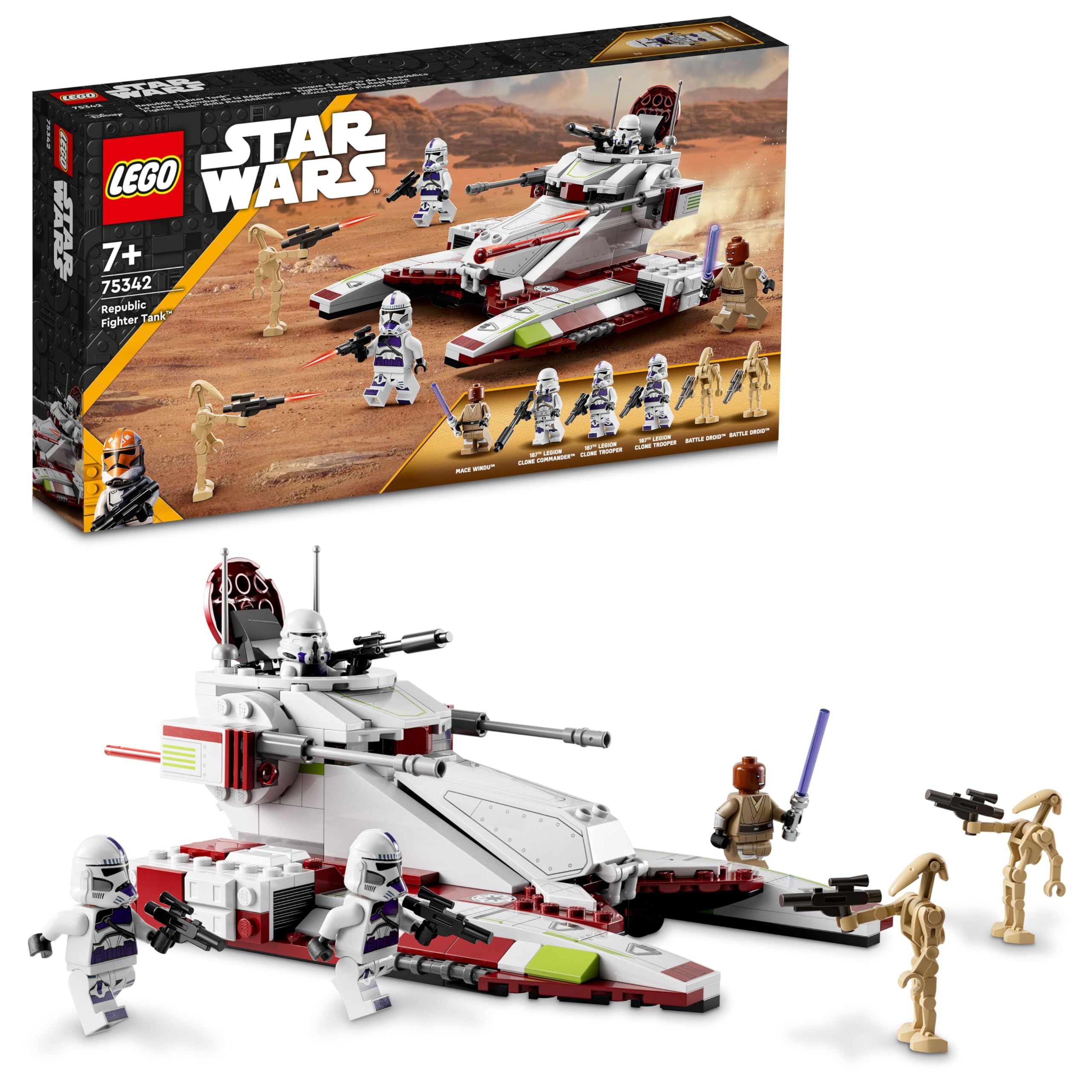 LEGO Star Wars Republic Fighter Tank front view, vivid colors and bold silhouette for display
