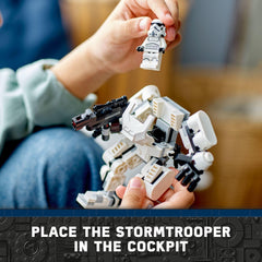 LEGO Star Wars Stormtrooper Mech 75370 posable limbs for dynamic poses.