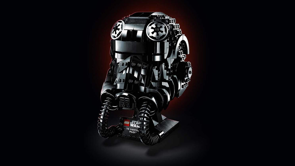 LEGO Star Wars Tie Fighter Pilot Helmet 75274 on a shelf, ideal for collectors and fans.