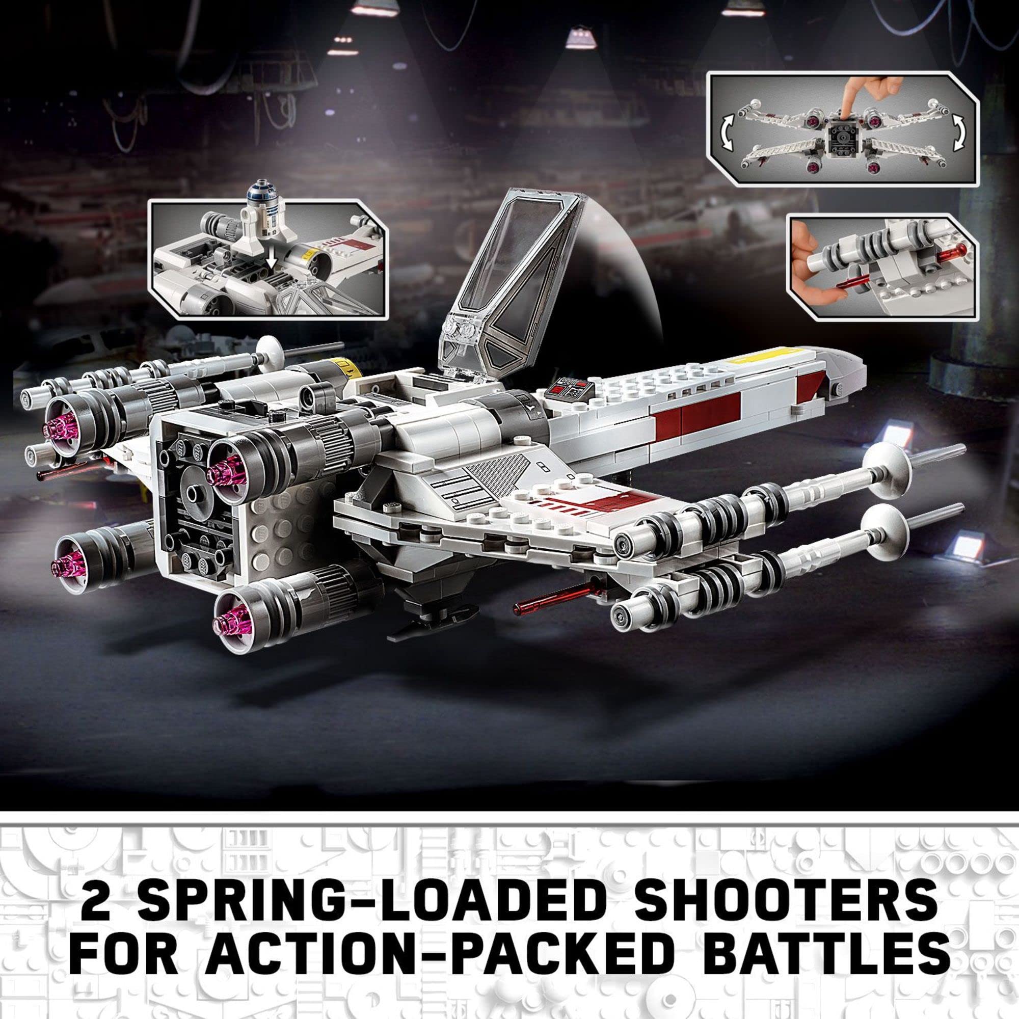LEGO Star Wars X-wing features spring-loaded shooters for action-packed scenes.