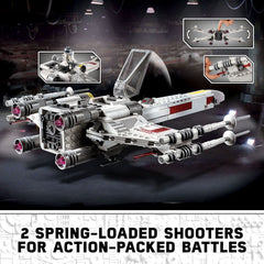 LEGO Star Wars X-wing features spring-loaded shooters for action-packed scenes.