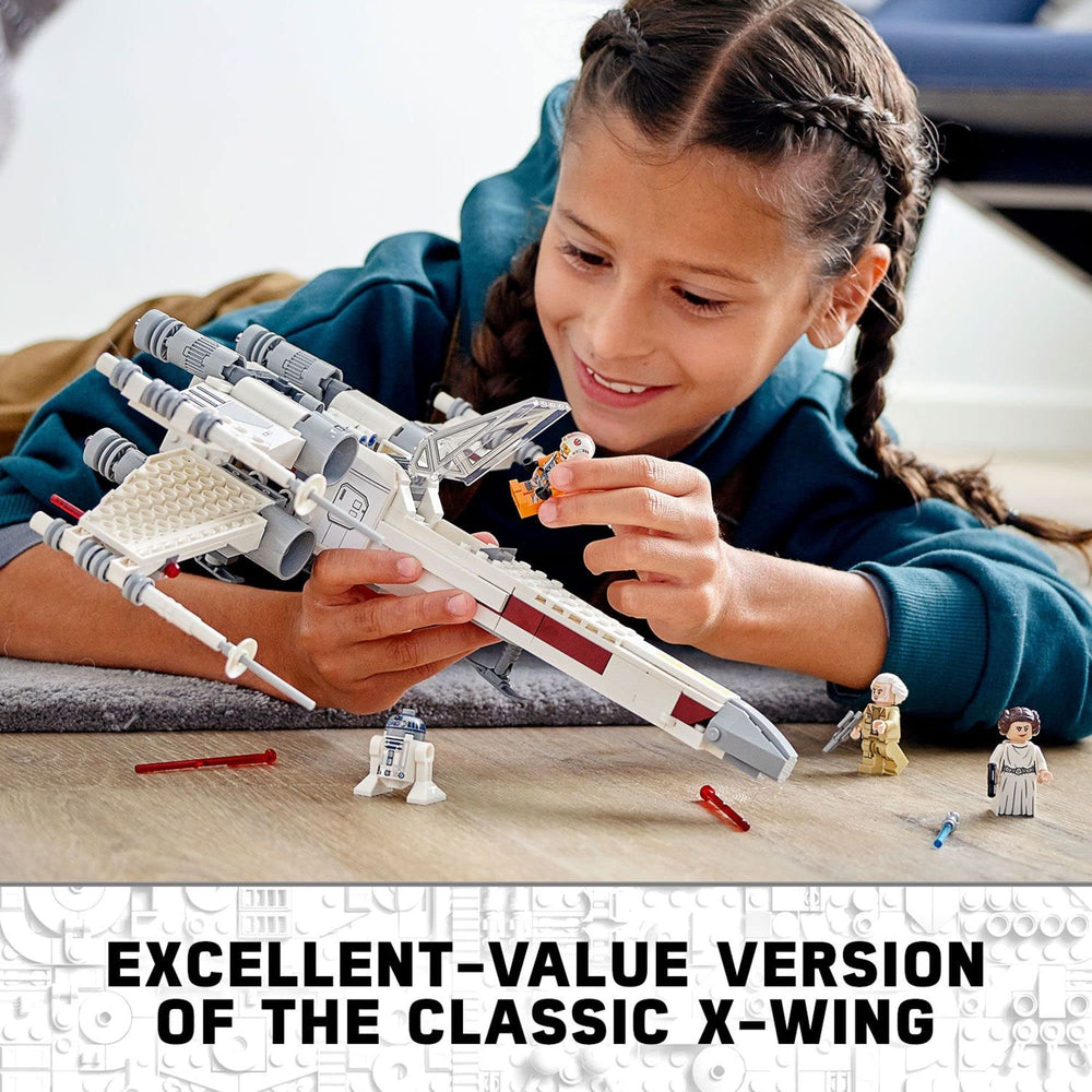 LEGO Star Wars X-wing wings switch to attack position for dynamic battles.