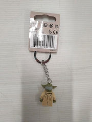 LEGO Yoda keychain close-up highlighting minifigure details and colors