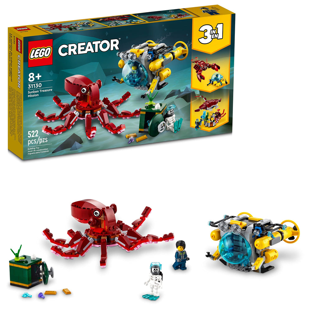 LEGO Creator 3 in 1 sunken treasure submarine enables imaginative underwater journeys.