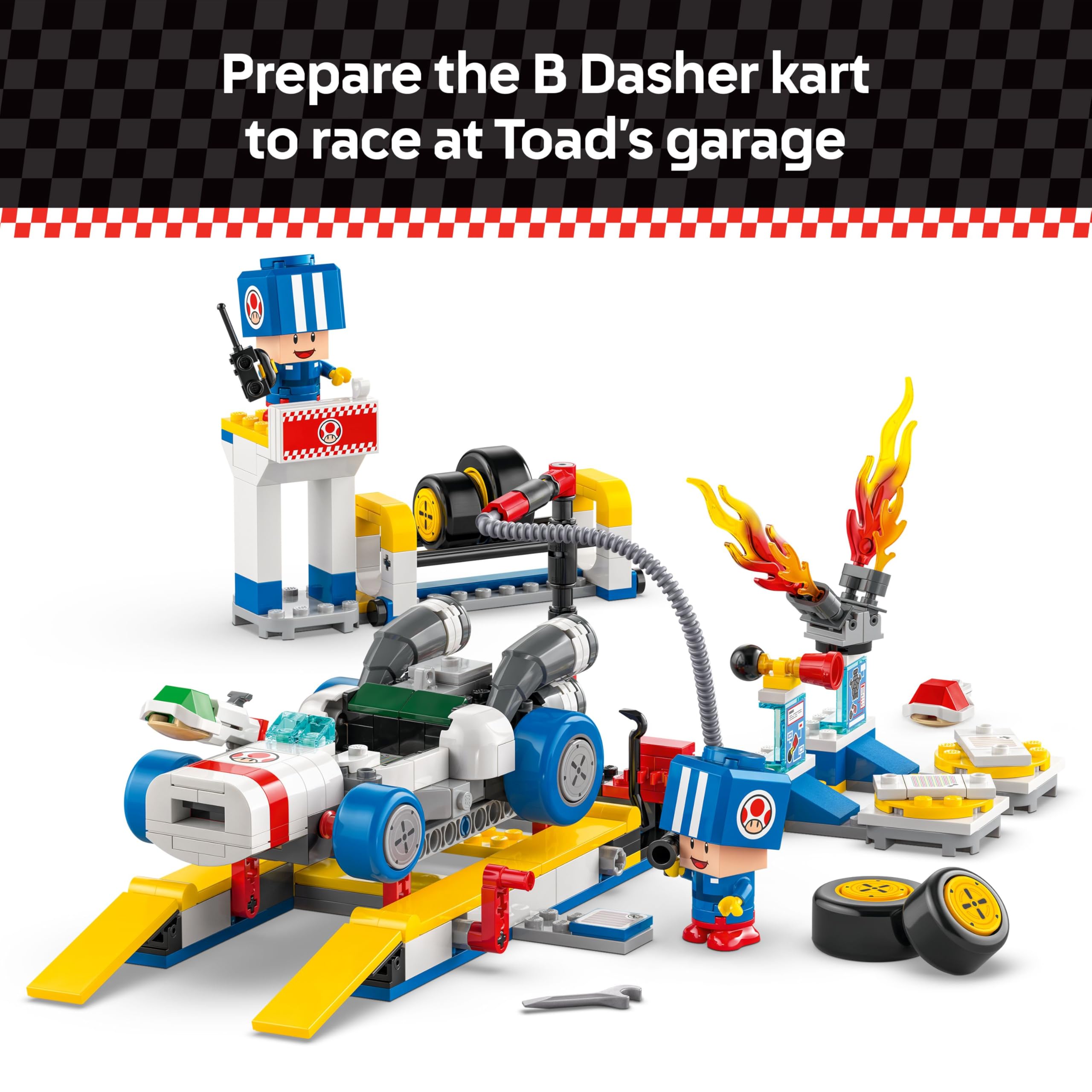 LEGO Super Mario B Dasher Kart on car elevator for creative racing setup