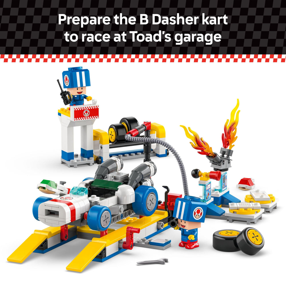 LEGO Super Mario B Dasher Kart on car elevator for creative racing setup