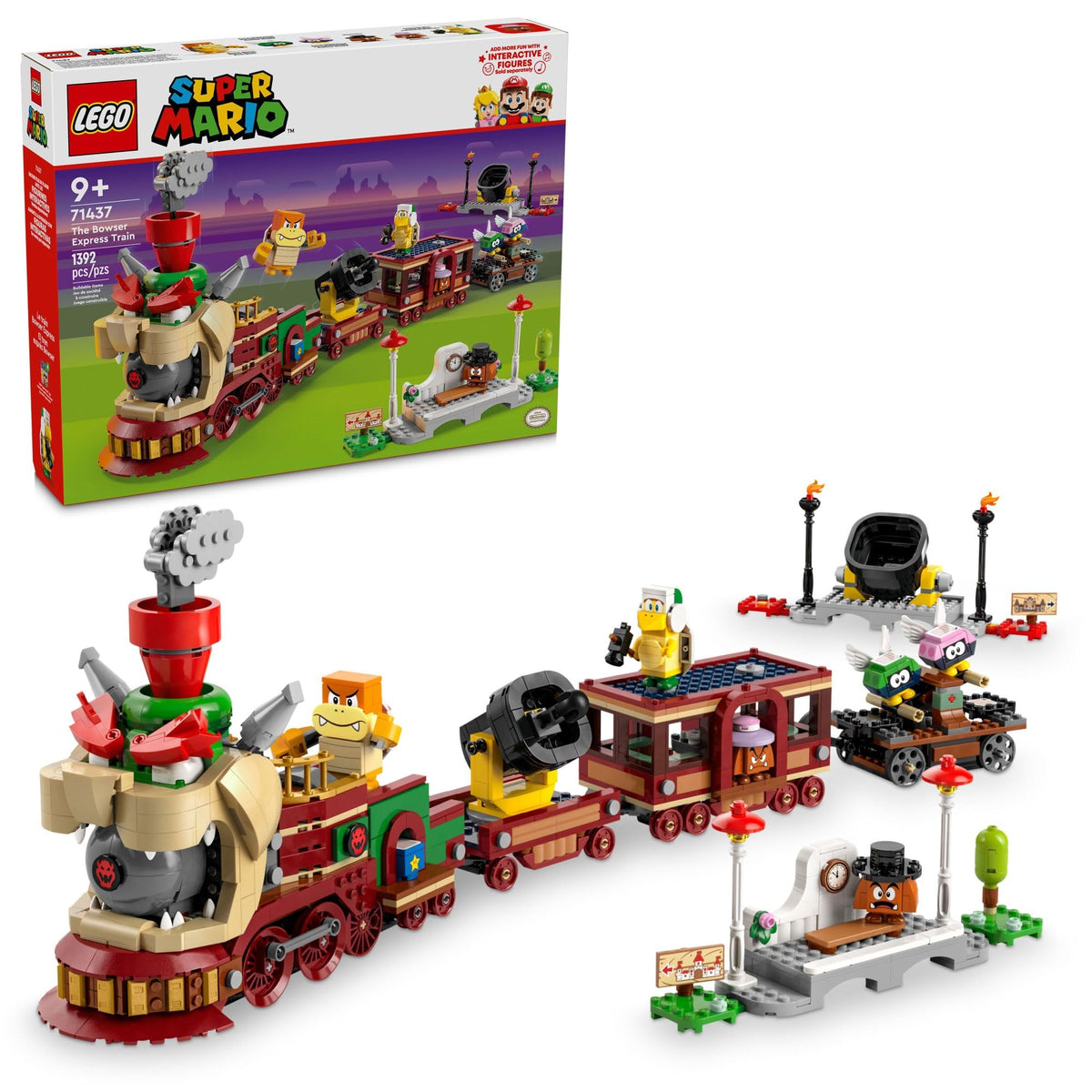 LEGO Super Mario Bowser Express overview with detailed train and stations for imaginative play