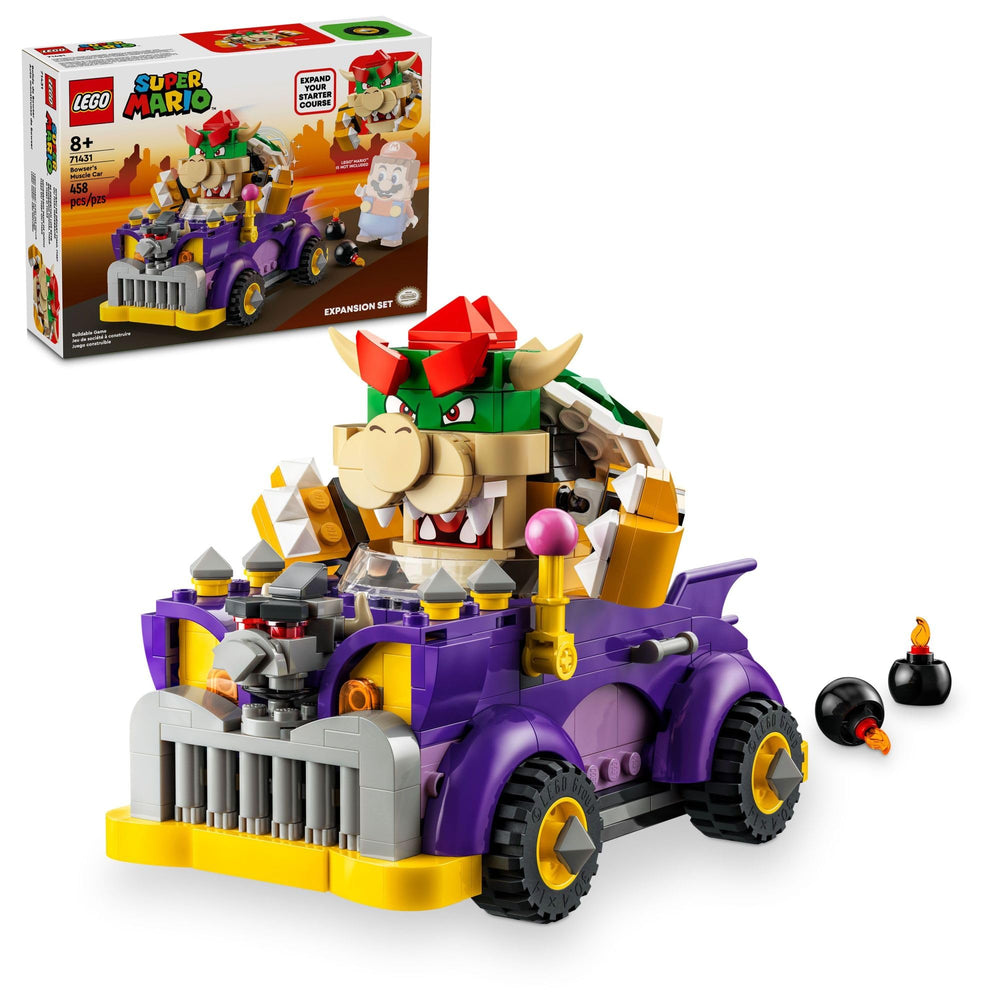 LEGO Super Mario Bowser muscle car front view, ideal for imaginative play.