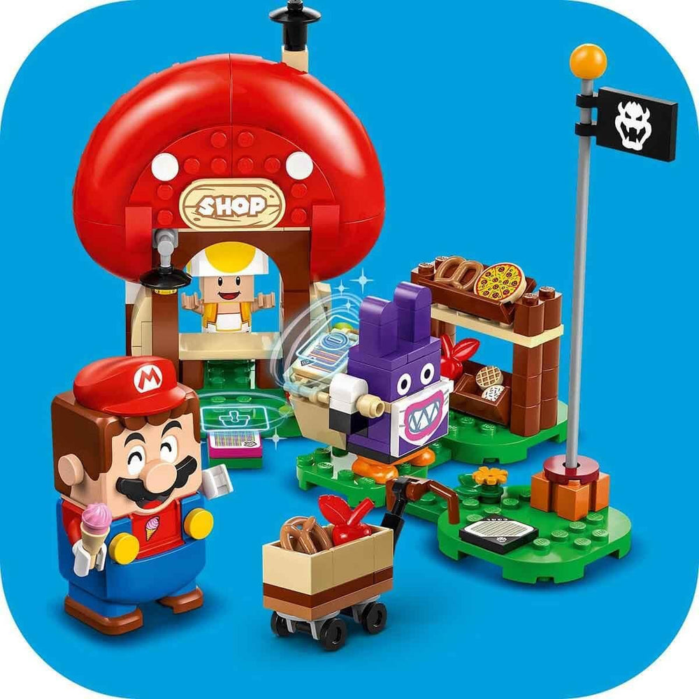Lego Super Mario food accessories and stands support pretend meals.