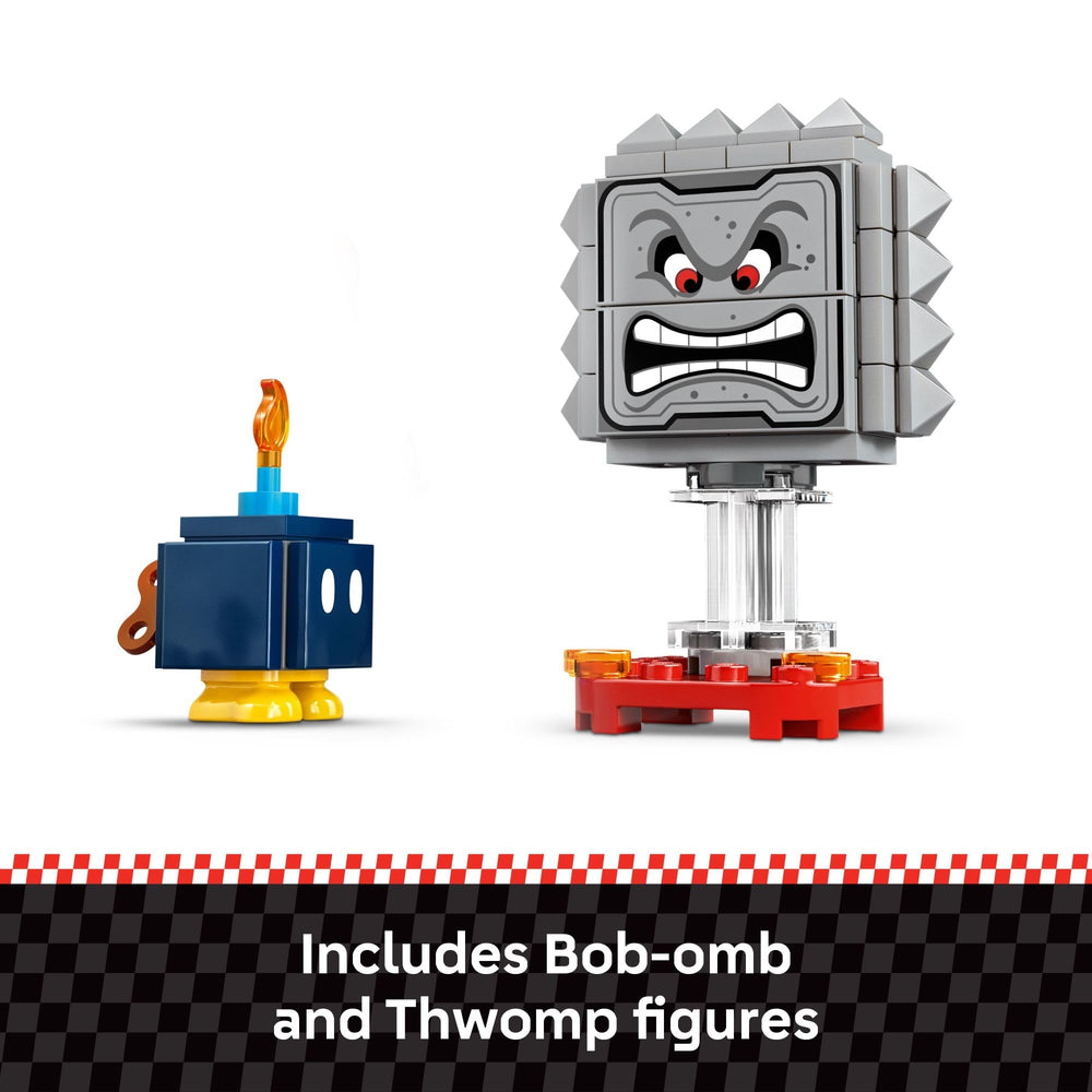 LEGO Super Mario Bob-omb and Thwomp figures add playful obstacles.