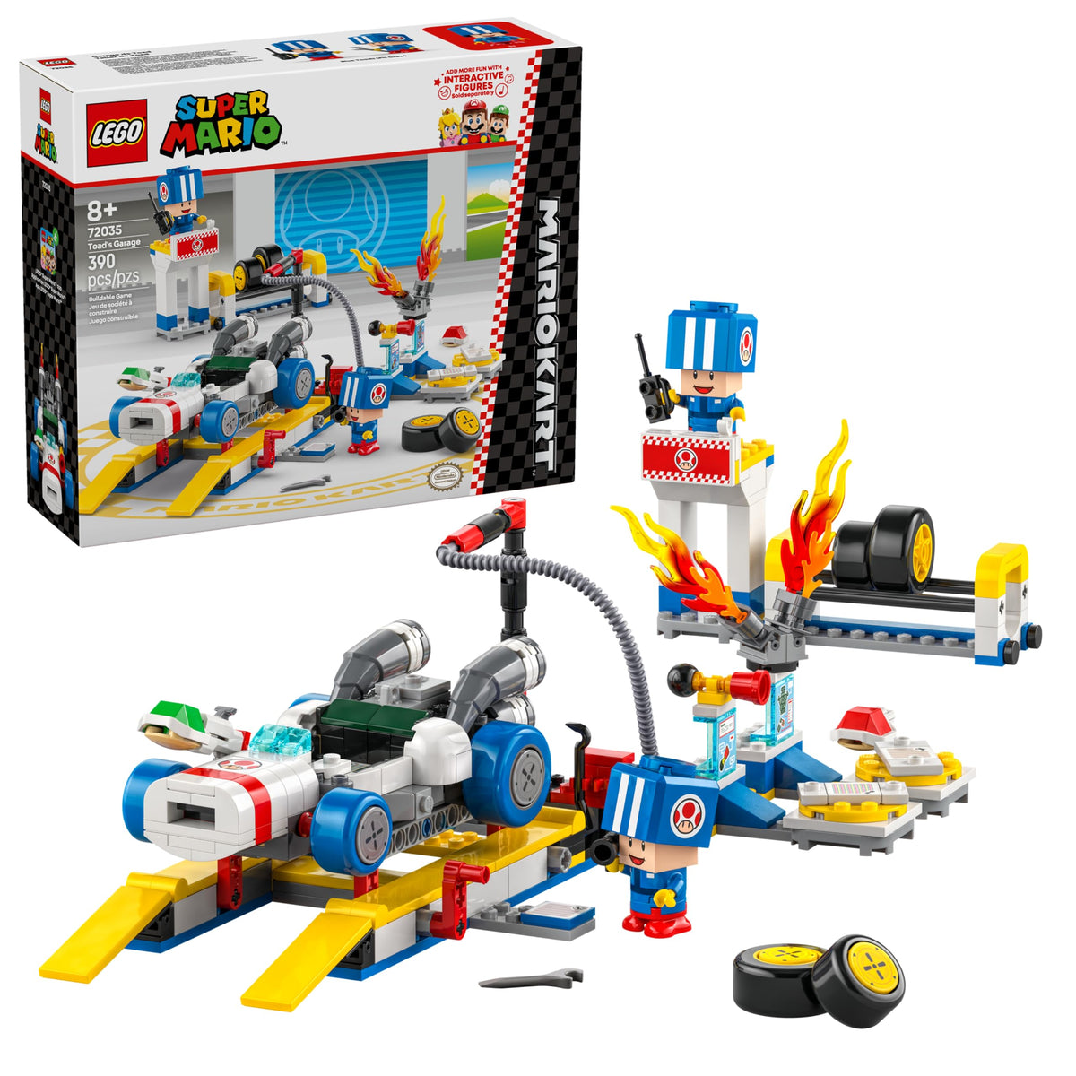 LEGO Super Mario Mario Kart Toad's Garage with blue Toads, perfect for racing prep play