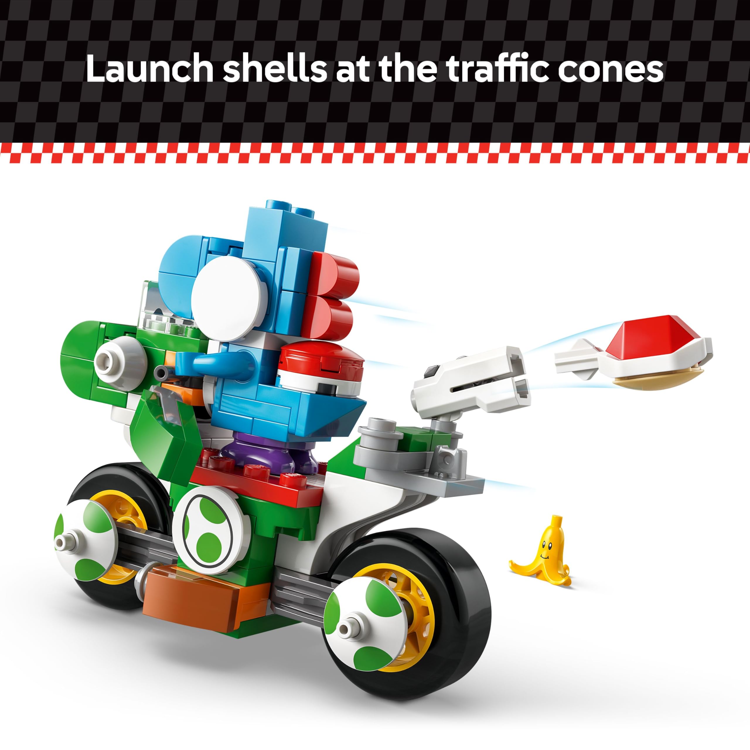 LEGO Super Mario Yoshi Bike shells launch for target challenges.