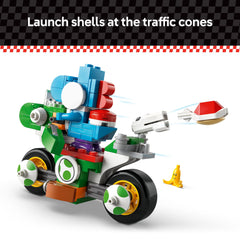 LEGO Super Mario Yoshi Bike shells launch for target challenges.