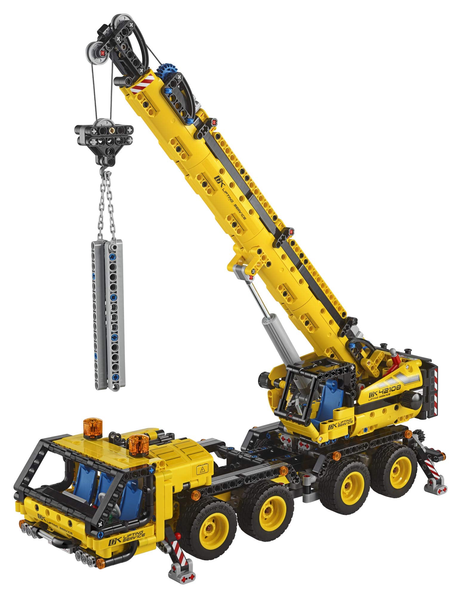 LEGO Technic 42108 outriggers deployed stabilize the crane during setup.
