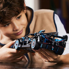 LEGO Technic 42162 Bugatti Agile Blue wheel assembly shows suspension detail