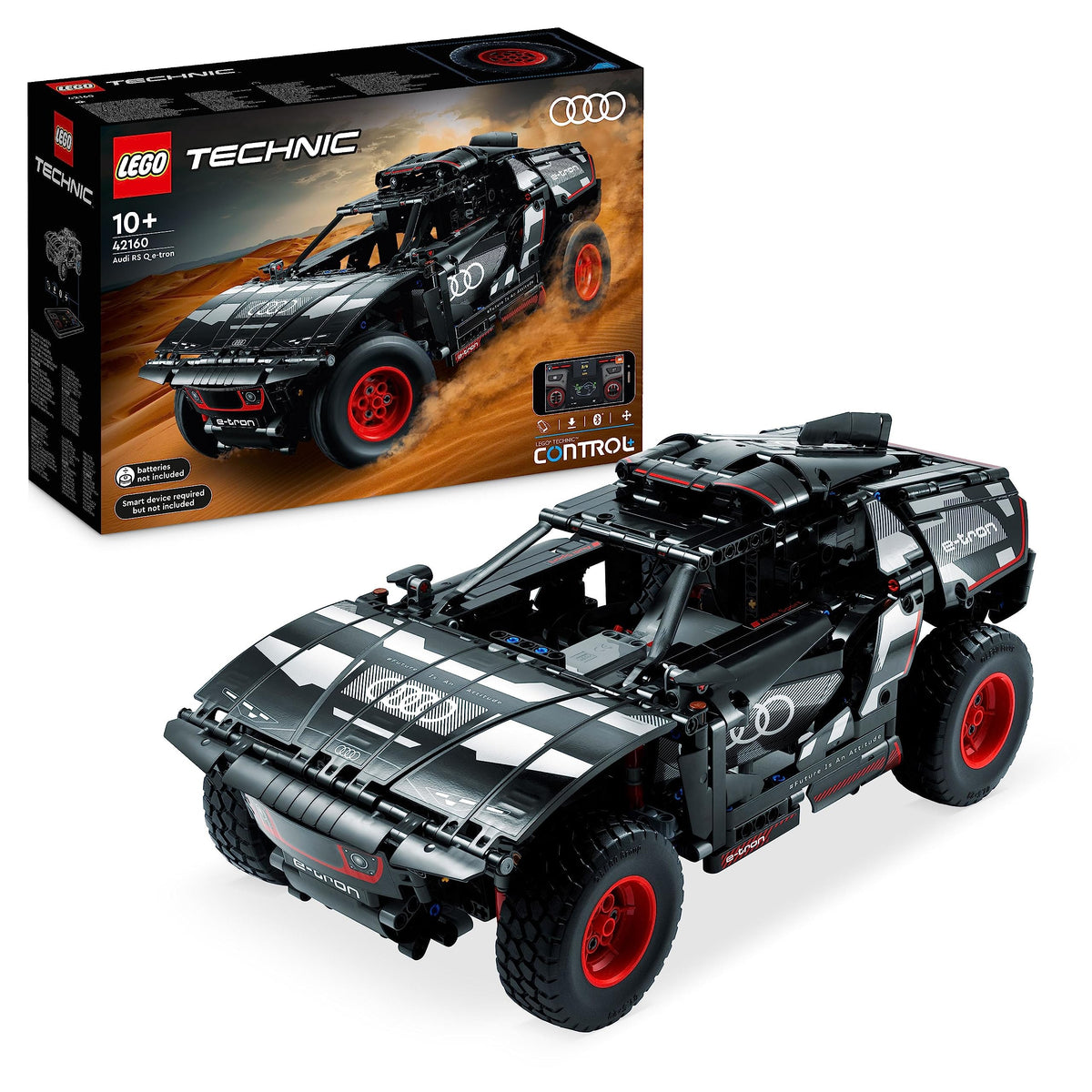 LEGO Technic Audi RS Q e-tron 42160 front view highlights independent suspension for realistic engineering play