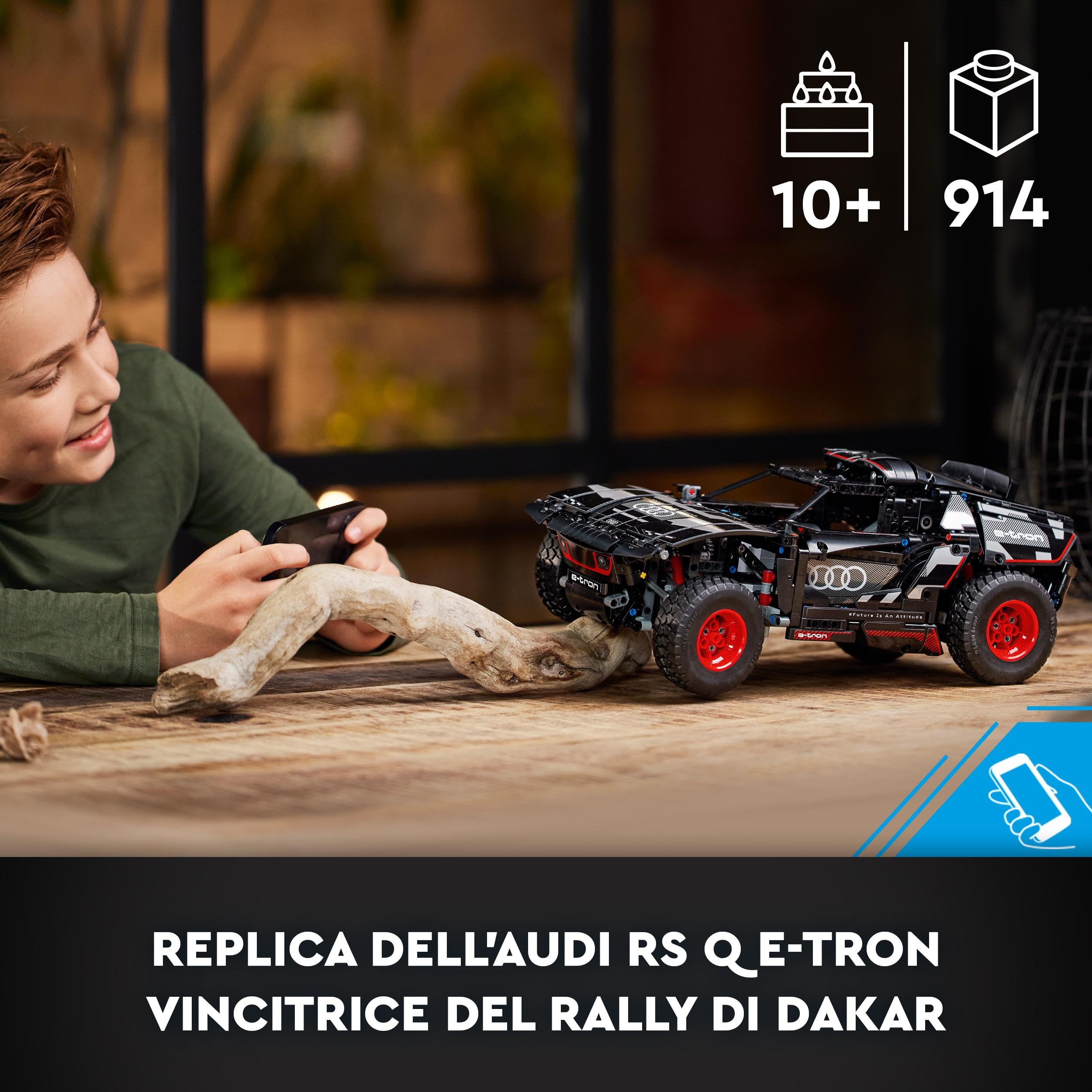 LEGO Technic Audi RS Q e-tron 42160 rear-angle view shows detailed wheel and drive components