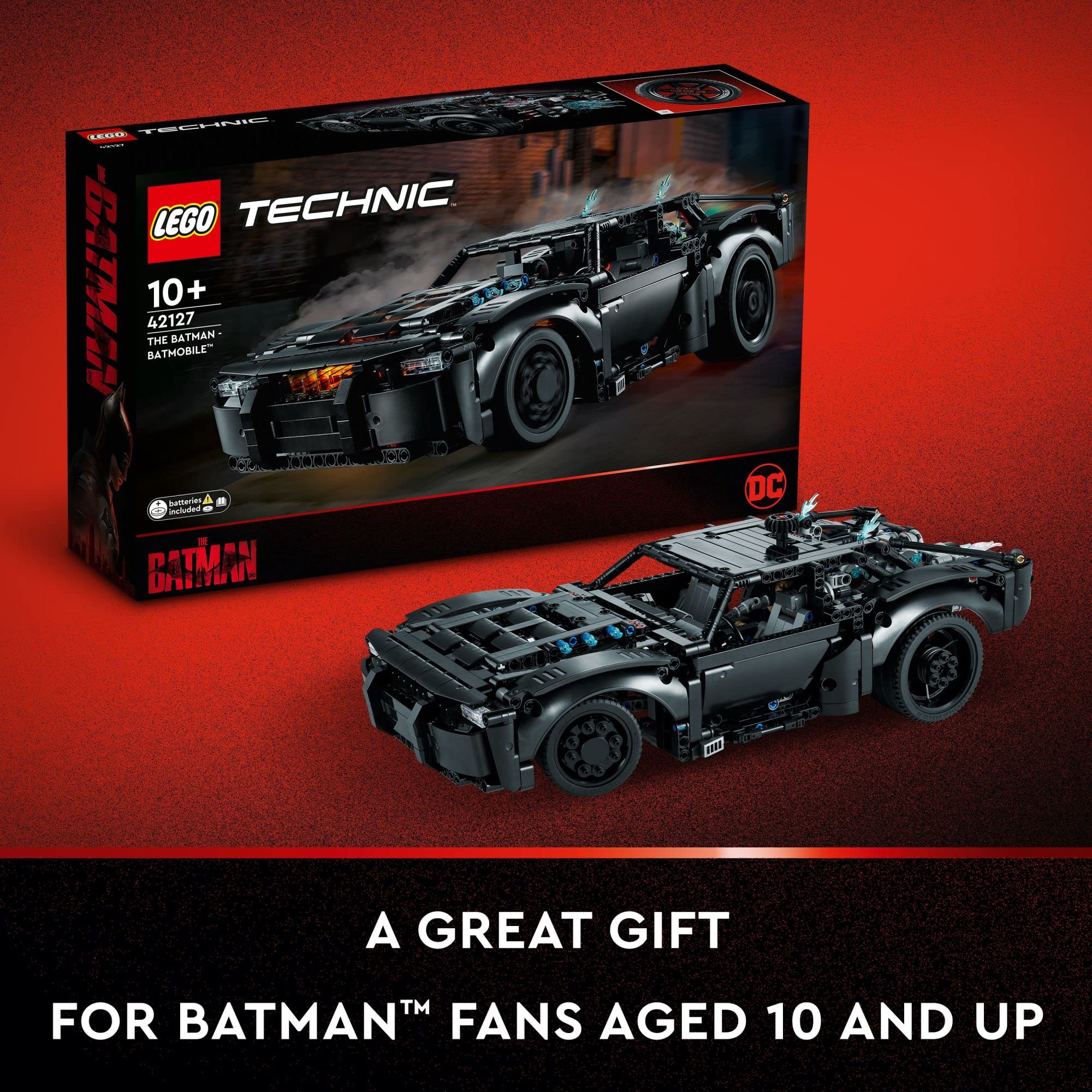 LEGO Technic Batmobile on display with movie inspired silhouette