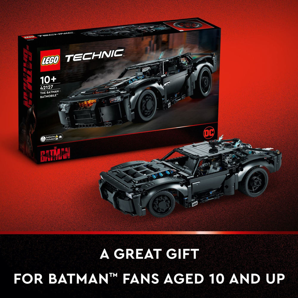 LEGO Technic Batmobile on display with movie inspired silhouette