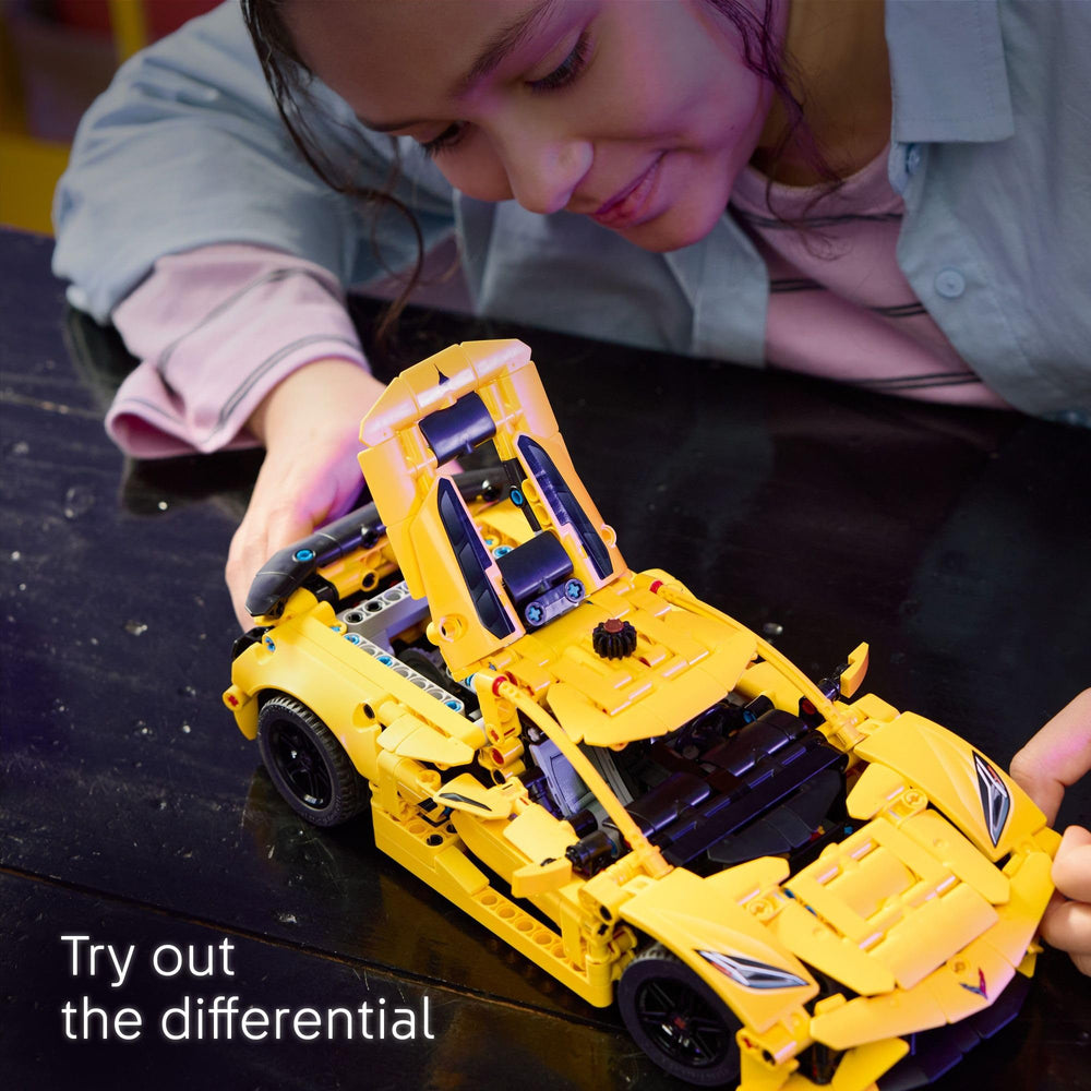 LEGO Technic Corvette Stingray differential mechanism enabling authentic chassis motion.