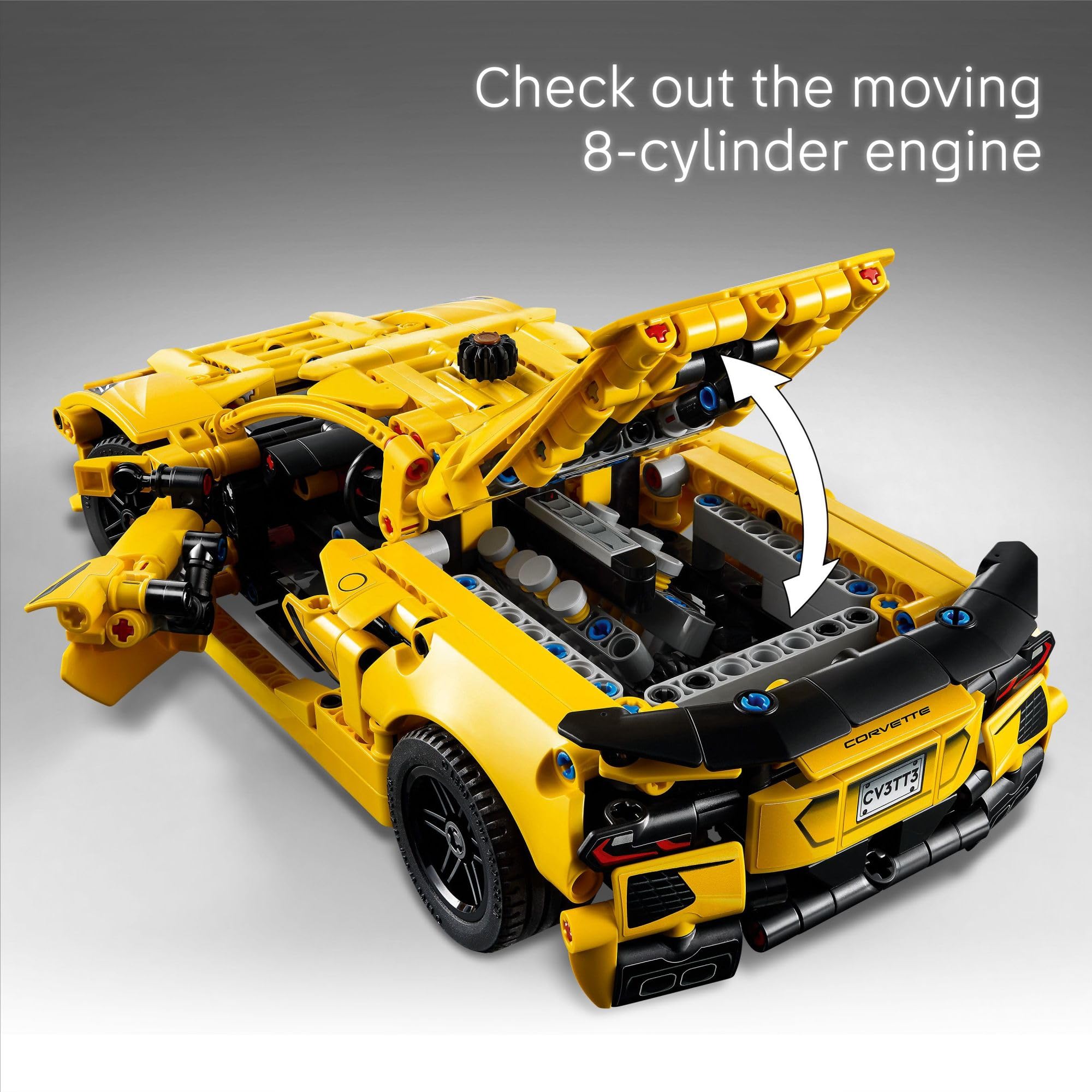 LEGO Technic Corvette Stingray doors and hood open for interior viewing.