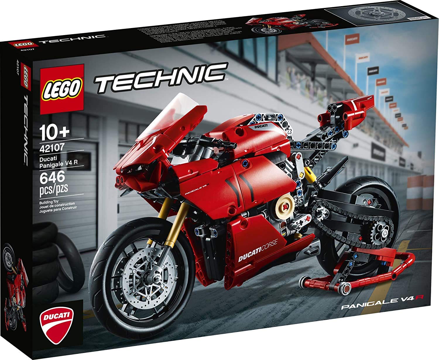 LEGO Technic Ducati Panigale V4 R front view with authentic steering detail for display