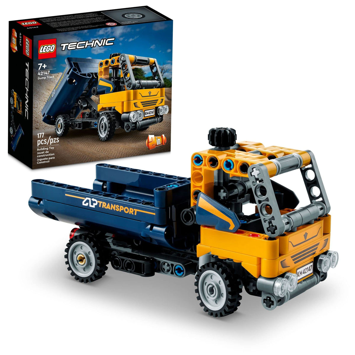 LEGO Technic Dump Truck 42147 front view showing steering and play value
