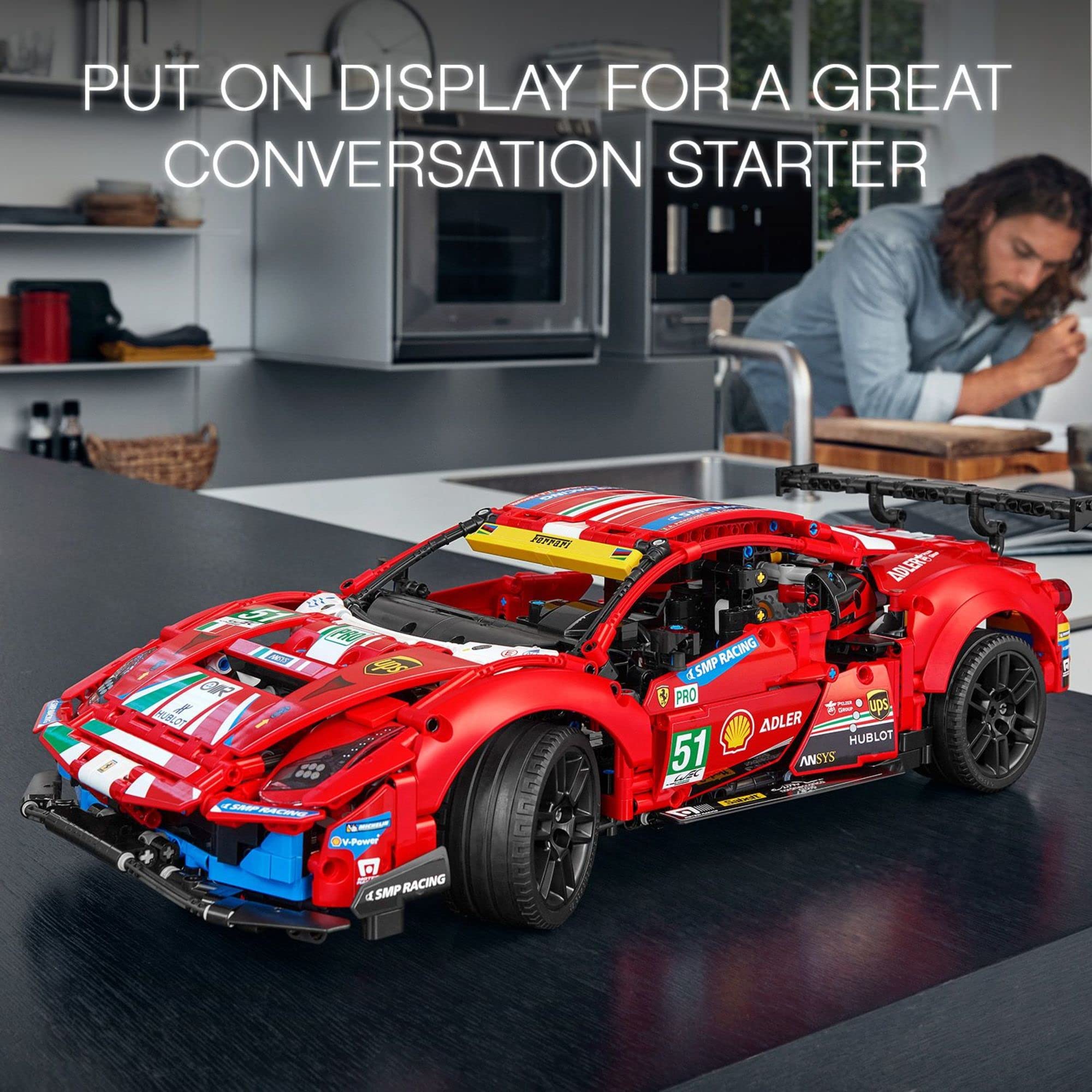 LEGO Technic Ferrari 488 GTE AF Corse 51 display-ready model on desk