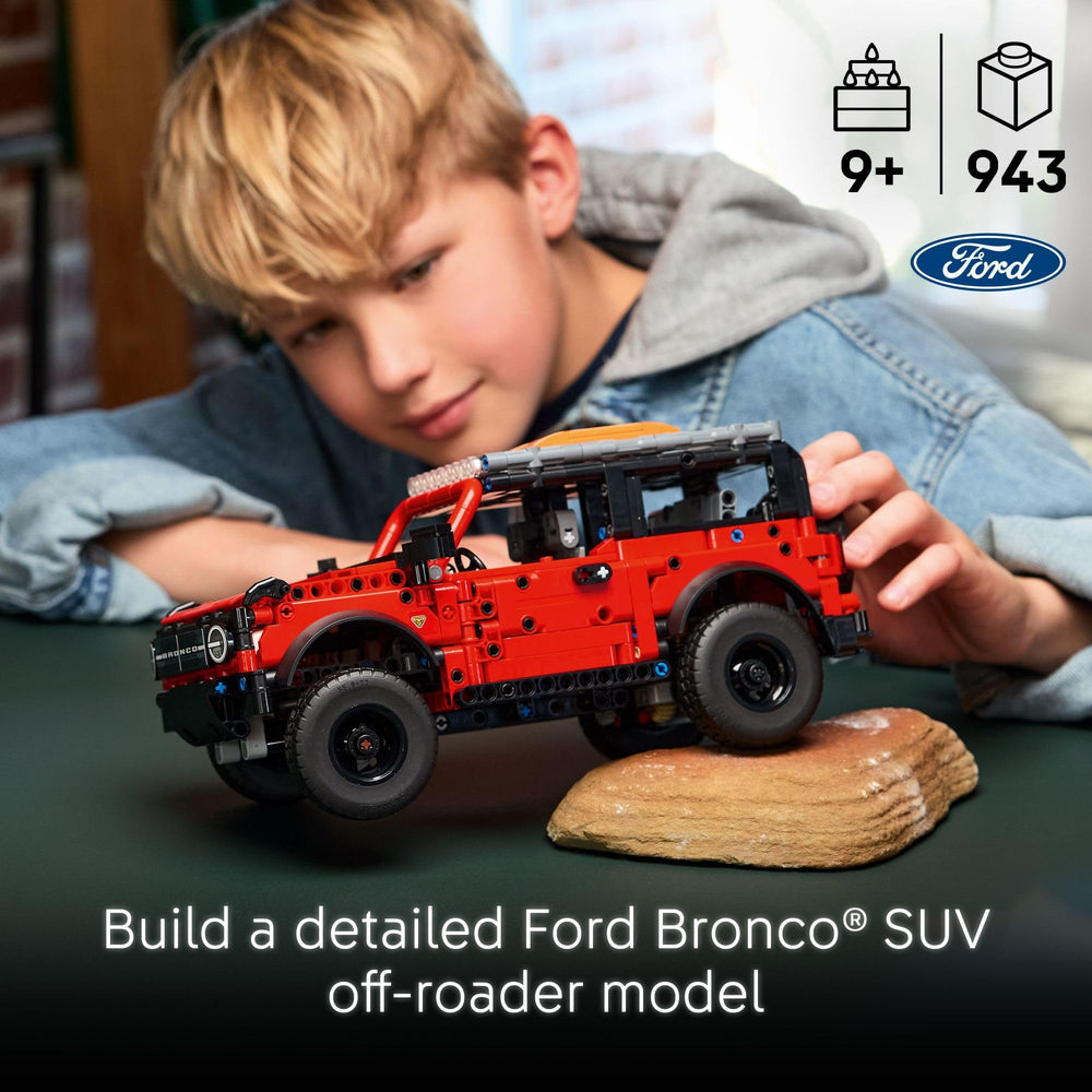 LEGO Technic Ford Bronco engine detail shows a functional-inspired V6 engine for hands-on learning.