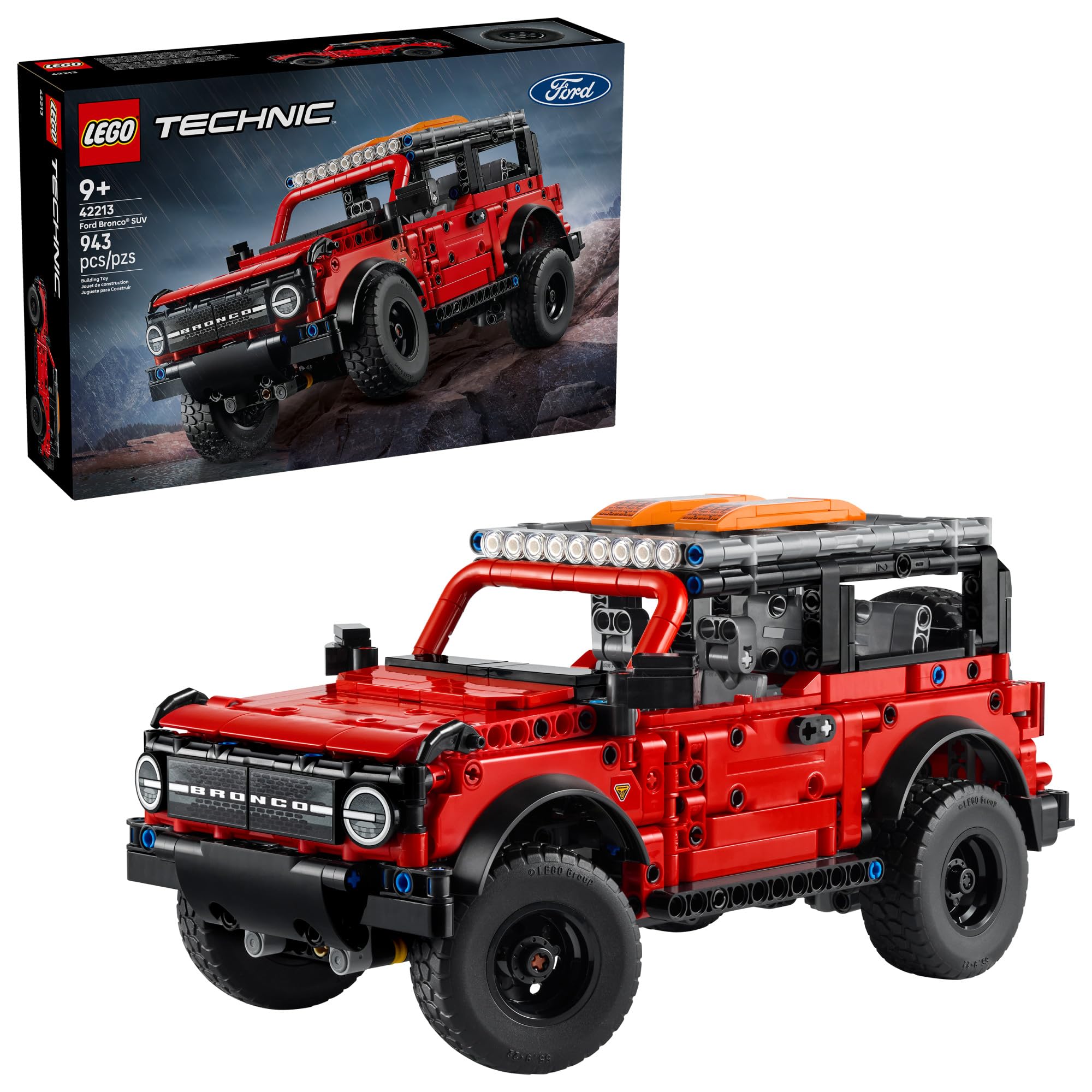 LEGO Technic Ford Bronco front view highlighting authentic exterior details for display and play.