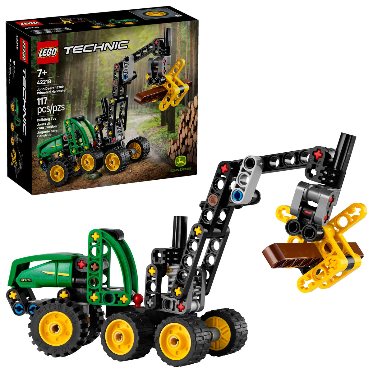 LEGO Technic John Deere 1470H harvester front view for authentic display and imaginative play.