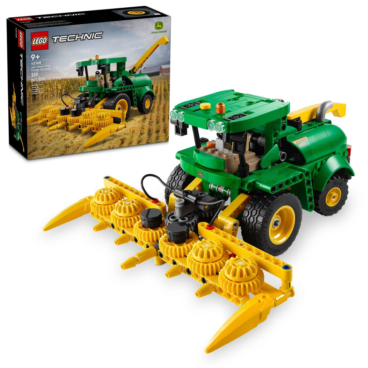 LEGO Technic John Deere 9700 Harvester front view showing authentic color and design for imaginative play
