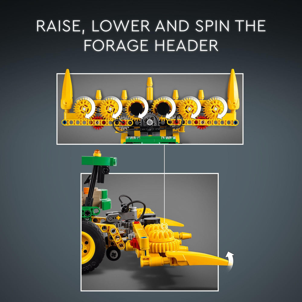 LEGO Technic John Deere 9700 Harvester header tool detail illustrating raise, lower, and spin action
