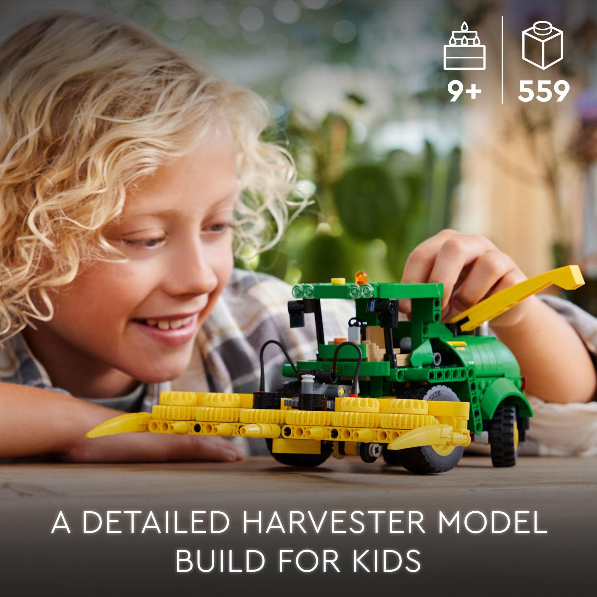 LEGO Technic John Deere 9700 Harvester side view highlighting scale and farm-ready silhouette