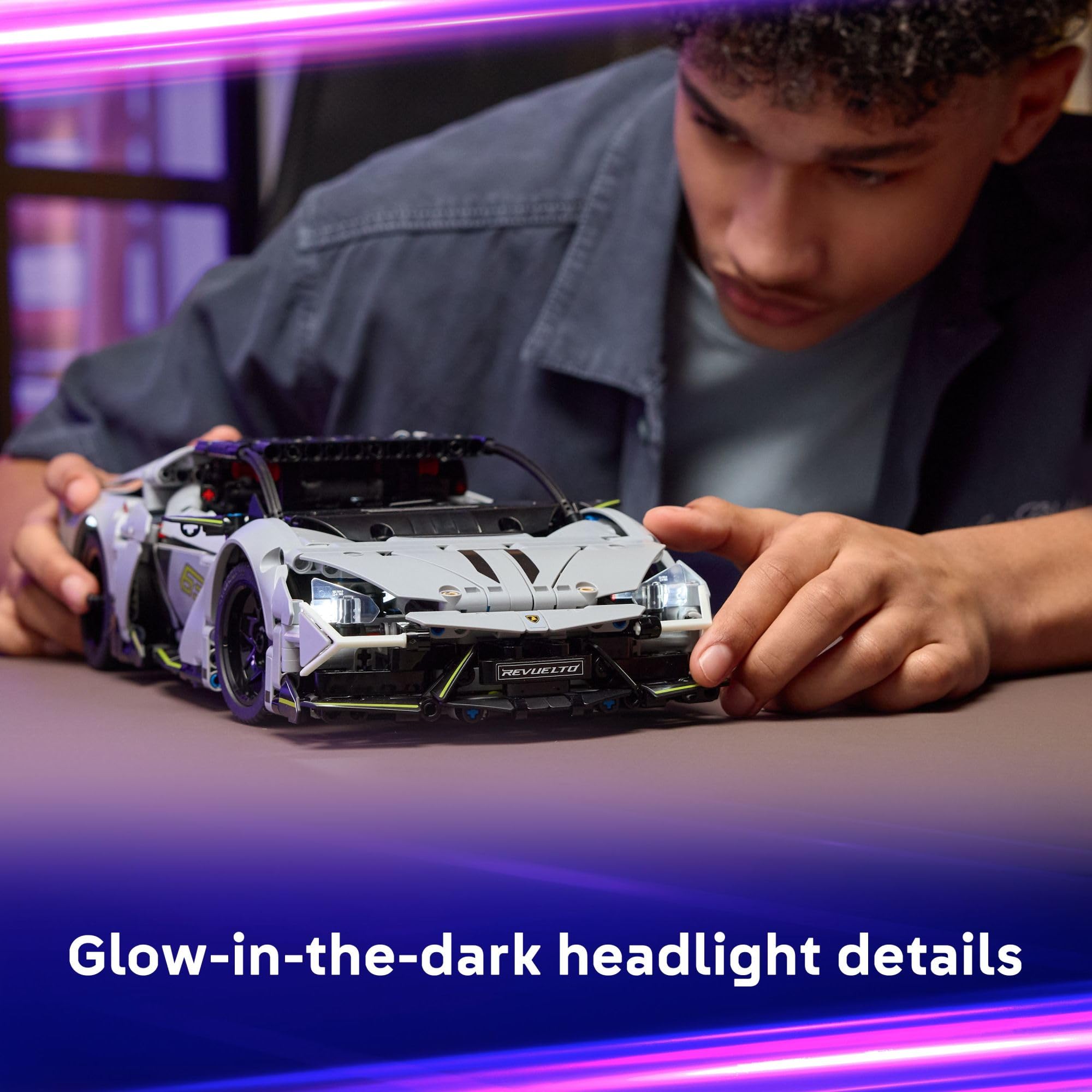 LEGO Technic Lamborghini Revuelto glow headlights add dramatic realism during night builds.