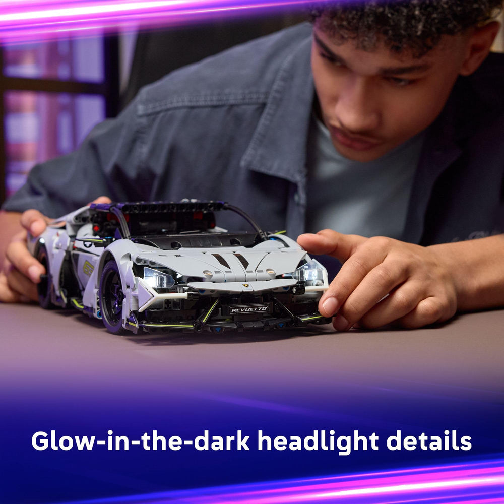 LEGO Technic Lamborghini Revuelto glow headlights add dramatic realism during night builds.