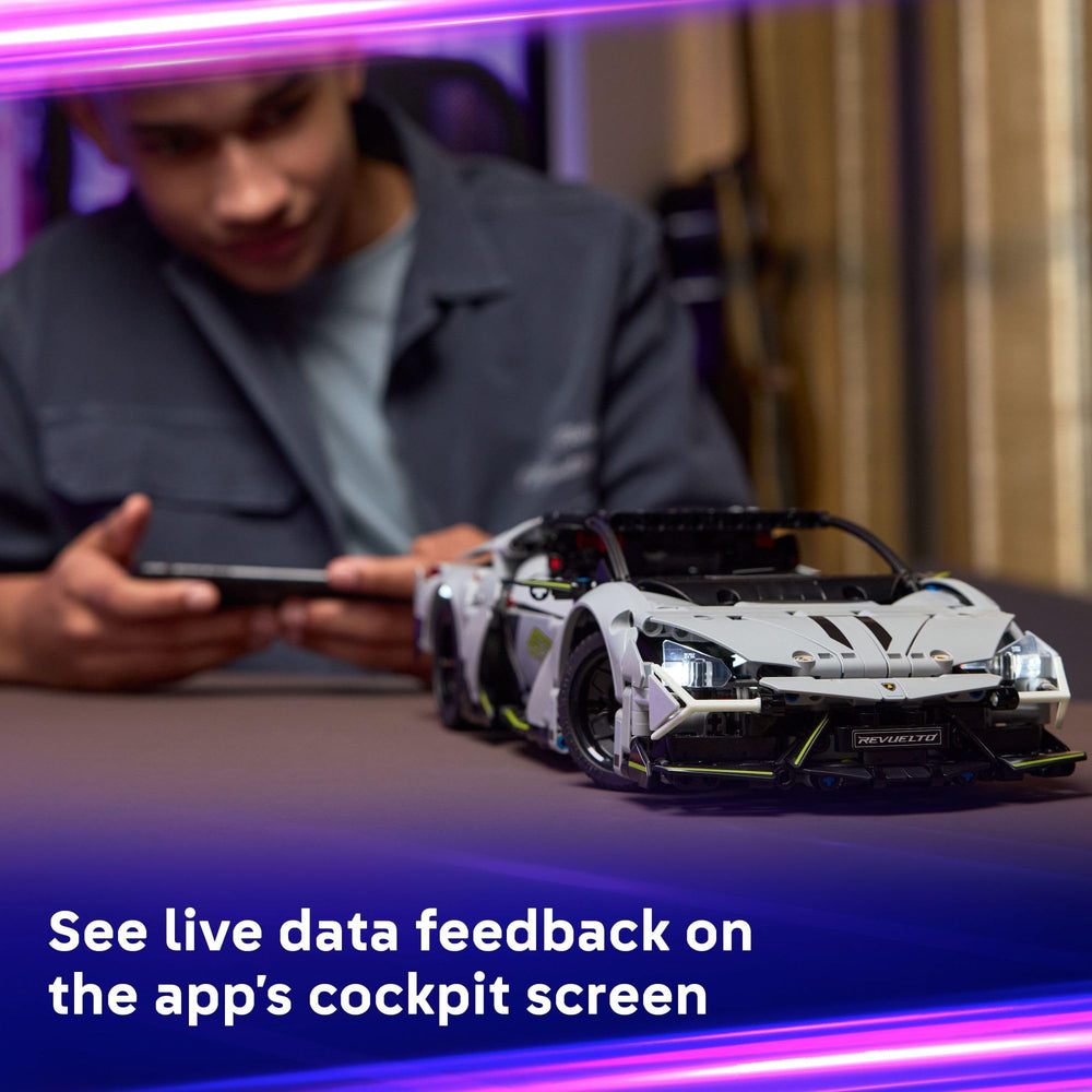 LEGO Technic Lamborghini Revuelto remote-control action enables steering and lights on the go.