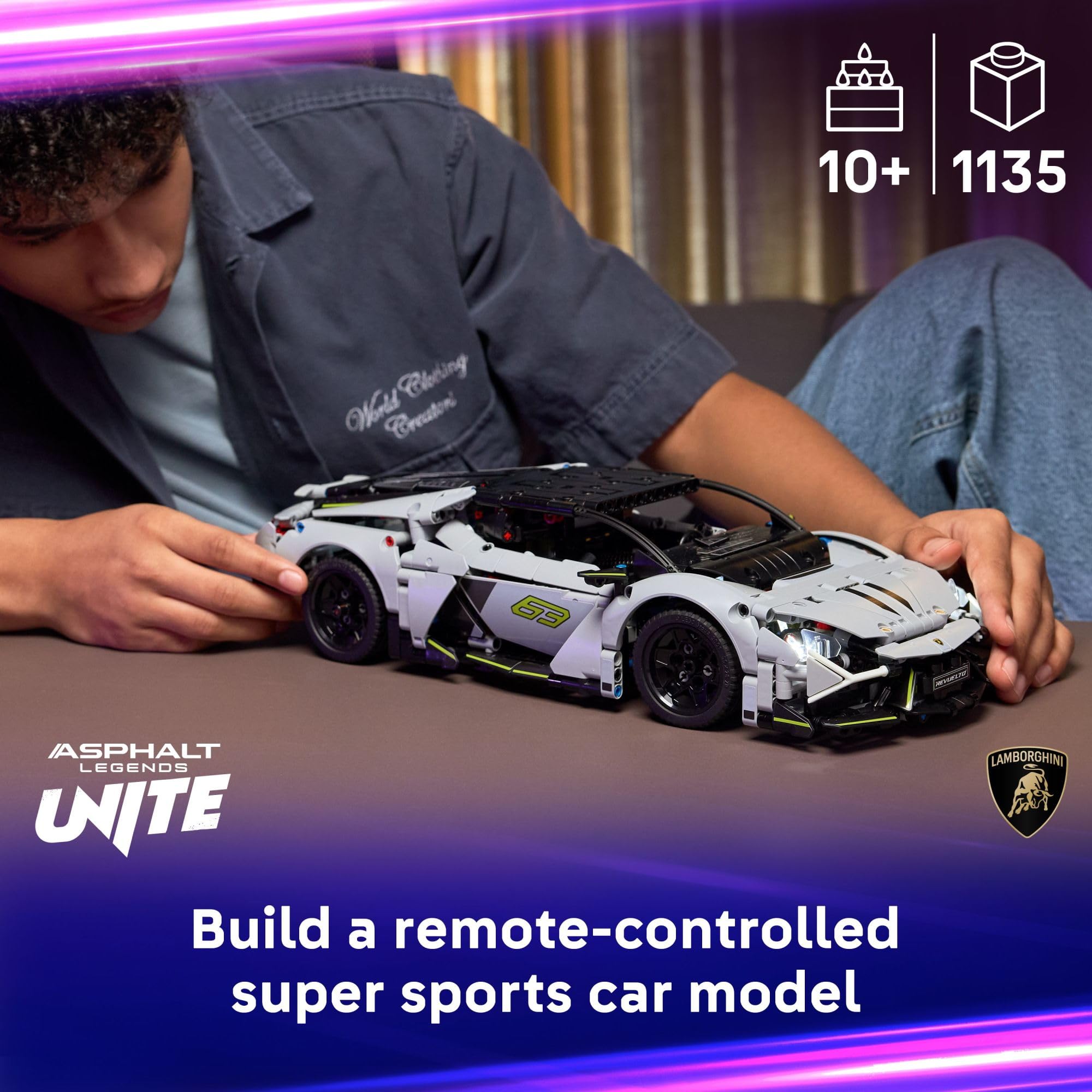 LEGO Technic Lamborghini Revuelto side exterior highlights aerodynamic lines for immersive play.