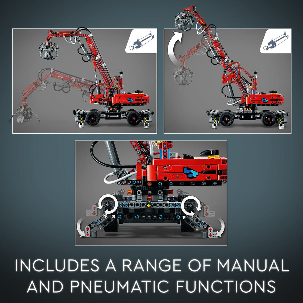 LEGO Technic Material Handler 42144 360-degree upper arm rotation enables versatile crane operations.
