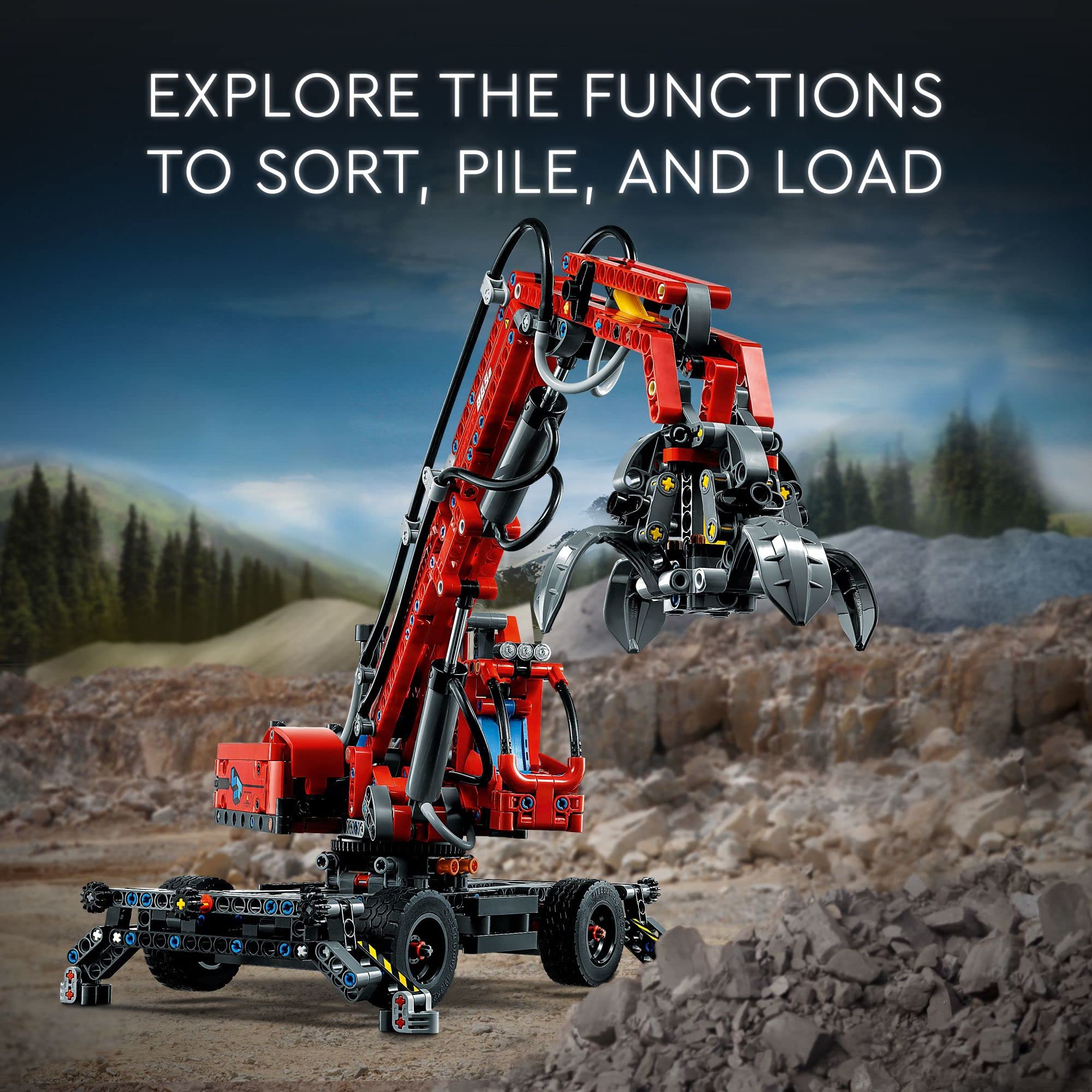 LEGO Technic Material Handler 42144 orange-peel grapple showcases realistic opening and grabbing action.