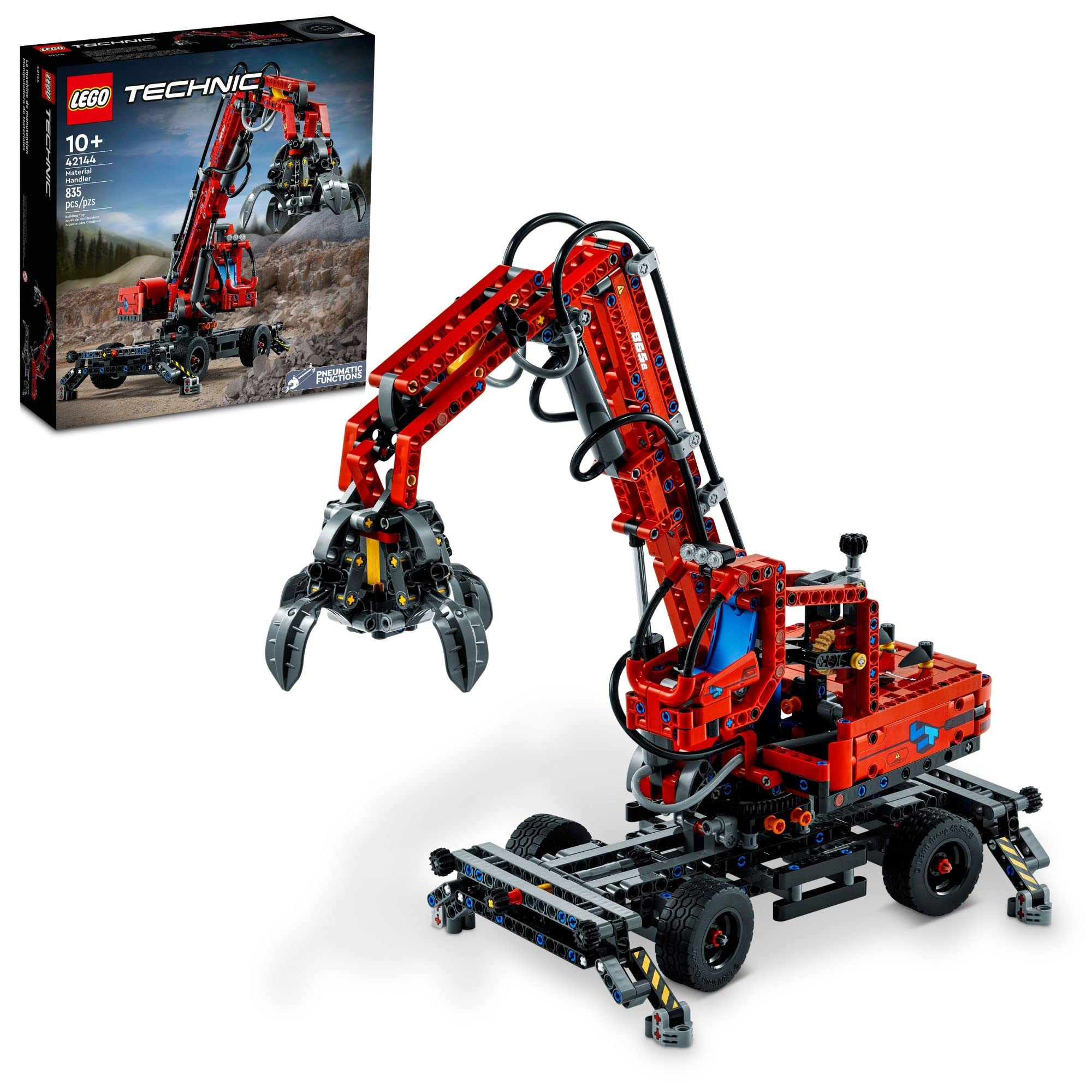 LEGO Technic Material Handler 42144 pneumatic arm reach demonstrates precise loading and sorting on a build site.