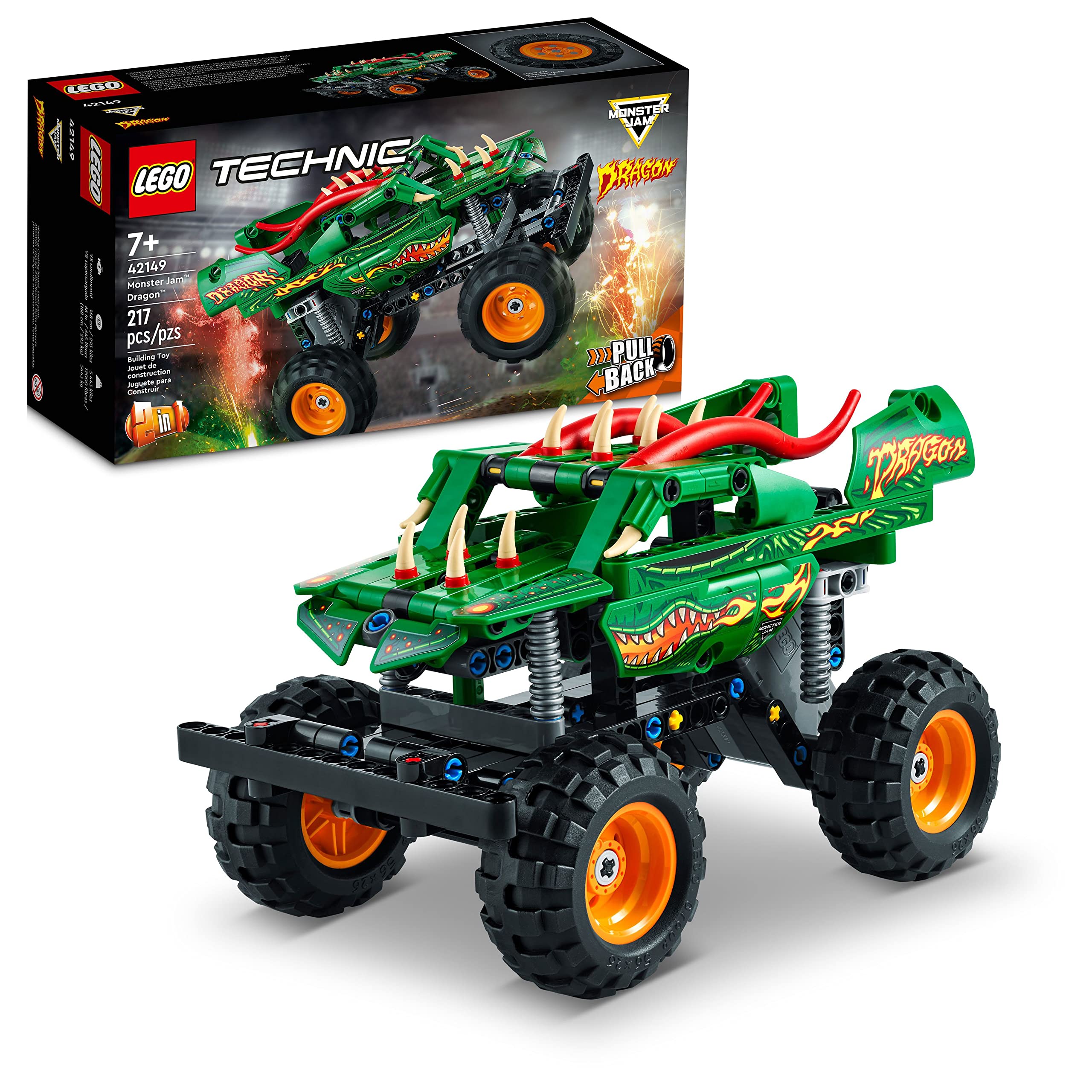 LEGO Technic Monster Jam Dragon 42149 front view highlights dragon spikes for authentic play