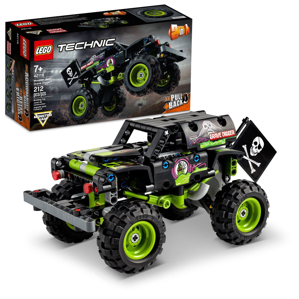 LEGO Technic Grave Digger front view with authentic Monster Jam graphics.