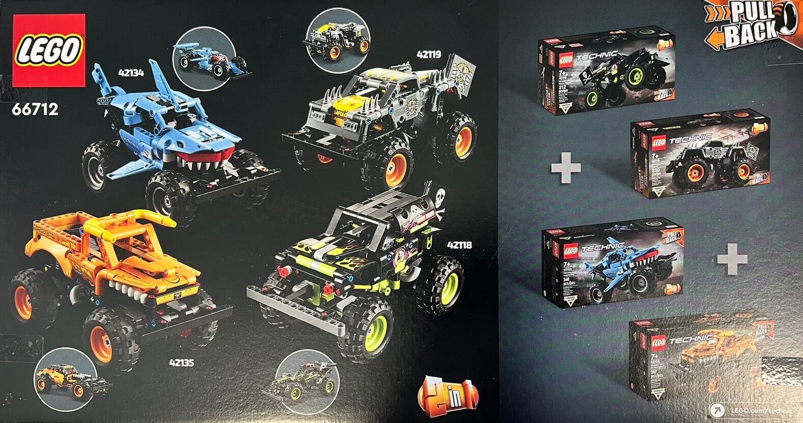 LEGO Technic Monster Jam Grave Digger front view highlights bold colors, perfect for display.