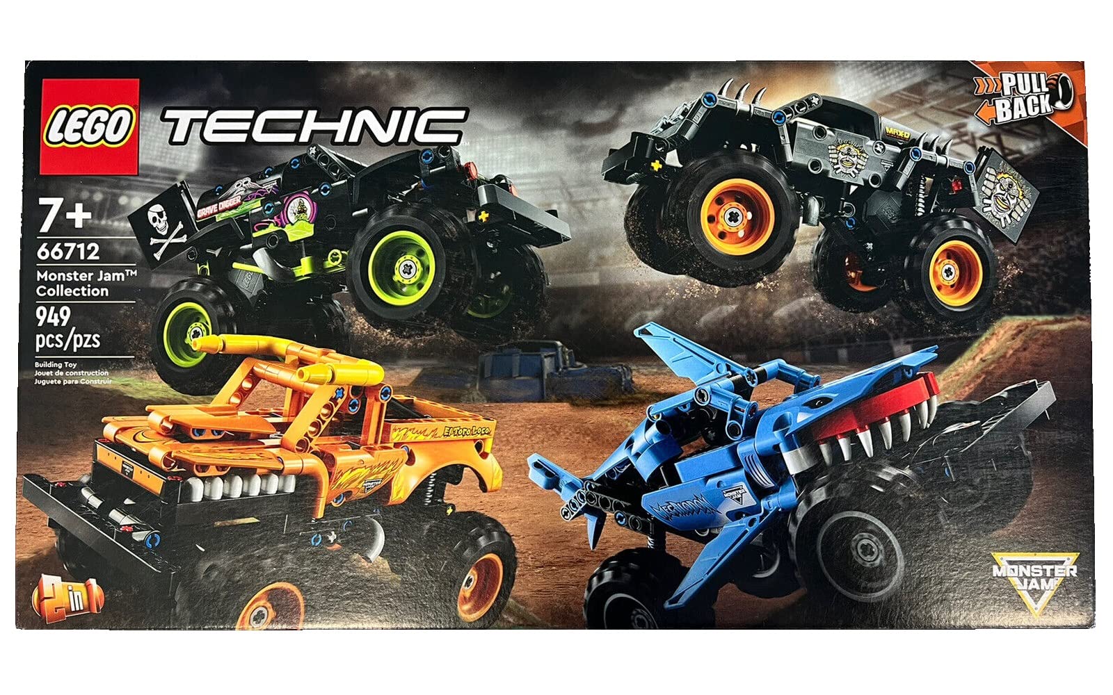 LEGO Technic Monster Jam Megalodon truck detail shows realistic graphics, ideal for display and imaginative play.